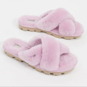 UGG Fuzzette Cross Strap Fluffy Slippers Pink